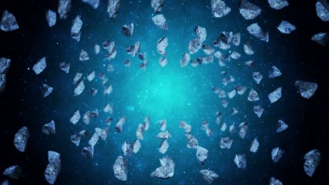 flying many asteroids in deep space background. broken splash explosion. the starry sky. 3d animation of meteorites rotating. loop animation.