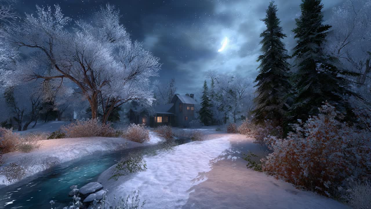 A Serene Winter Landscape Capturing the Tranquility of a Snowy Evening with a Cozy Cabin and Gentle Stream Reflecting the Moonlight