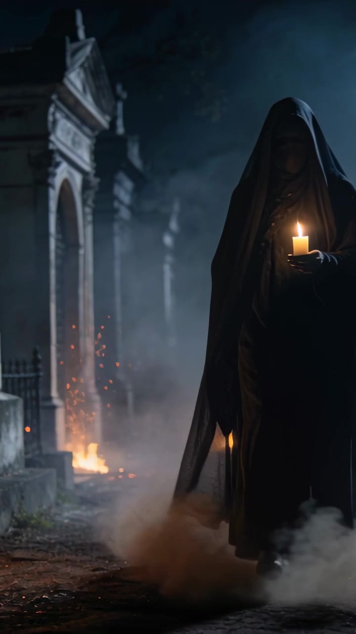 Video verticale: Figura incappucciata che cammina con un mantello nero, che tiene una candela in un cimitero per un rituale.