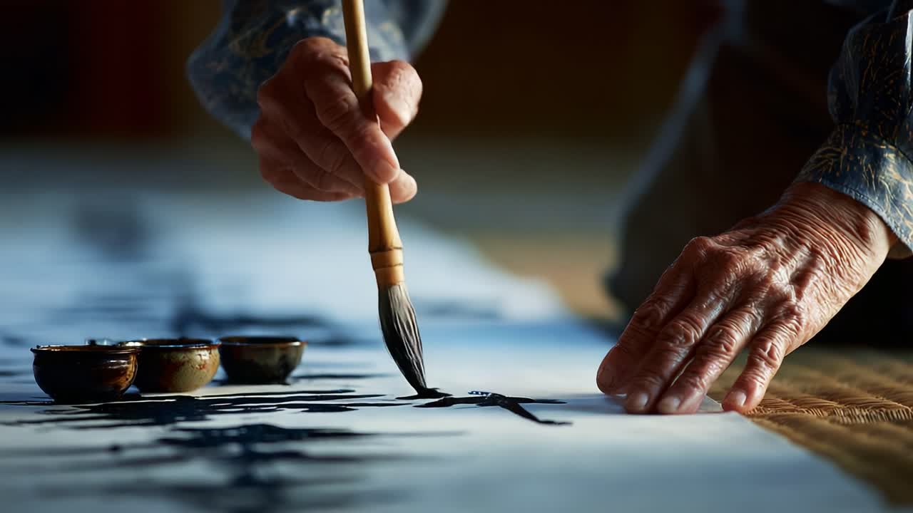 An Artist's Journey of Creation: The Act of Painting with Traditional Brush Techniques on Canvas, Capturing the Essence of Artistry and Dedication in Every Stroke