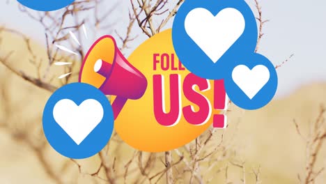 animation of social media icons and tree against landscape