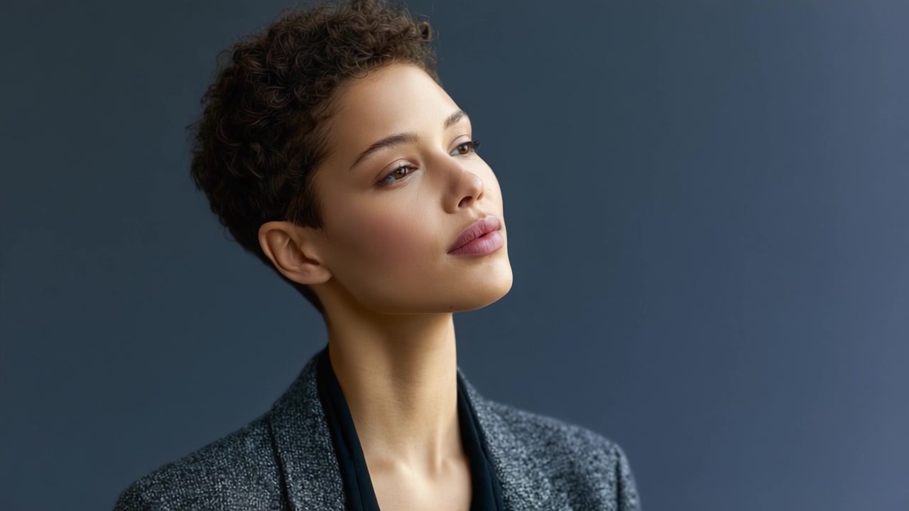 Ritratto accattivante di una giovane donna sicura di sé con capelli corti e ricci su uno sfondo neutro, che indossa un blazer elegante, incarnando l'eleganza e la compostezza moderne.