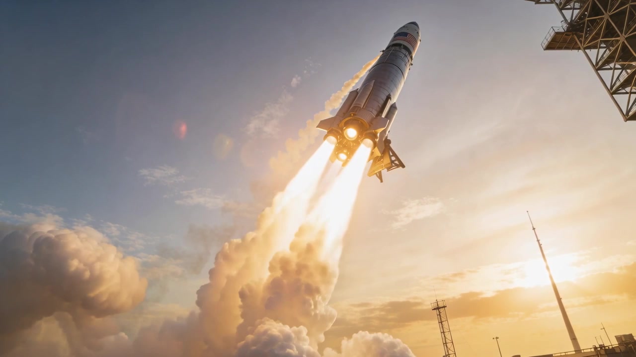 Igniting orbital rocket lifting off pad at sunset, with three plumes, billowing smoke toward orbit
