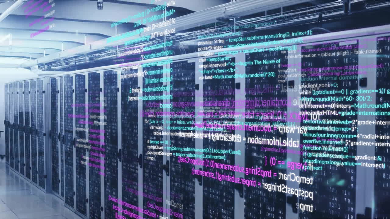 Animation of layers of blue, pink and white text data processing over server room