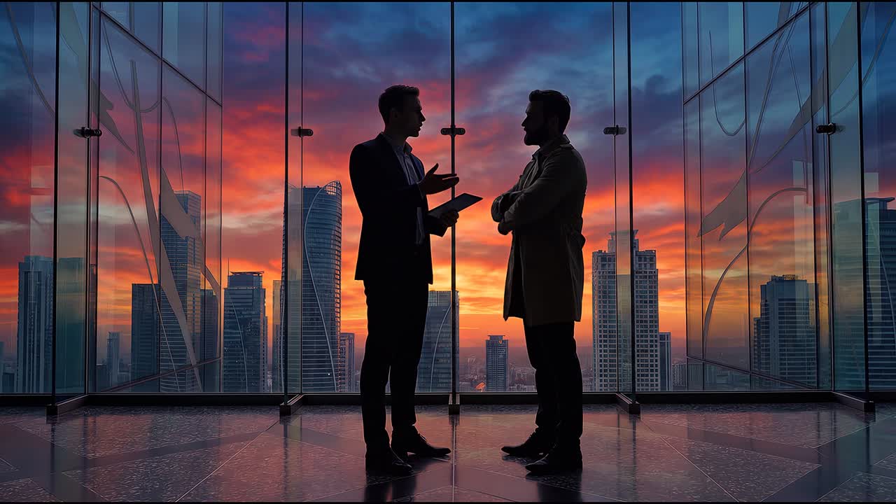 Uomini d'affari che conversano in un ufficio in grattacielo con vista panoramica sulla città durante un tramonto vivace