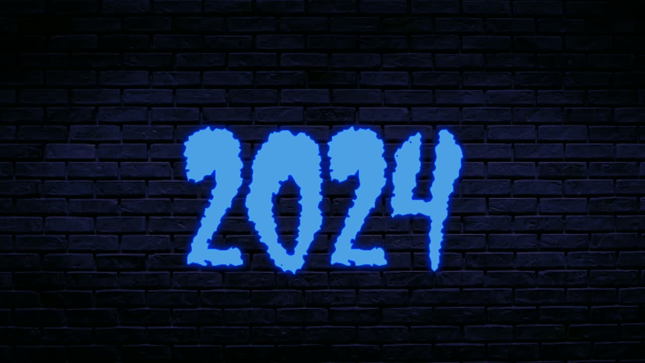 número de neón azul 2024 animación gráficos en movimiento en el fondo de la pared de ladrillo