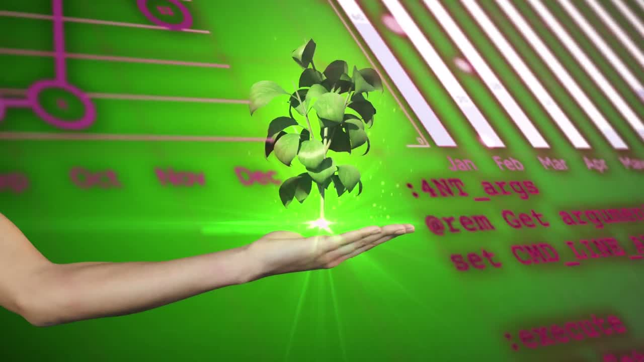 анимация руки с деревом и обработкой данных на зеленом фоне