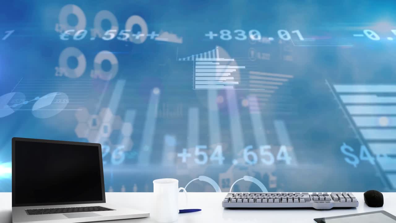 Laptop and coffee cup against statistical data processing against blue sky