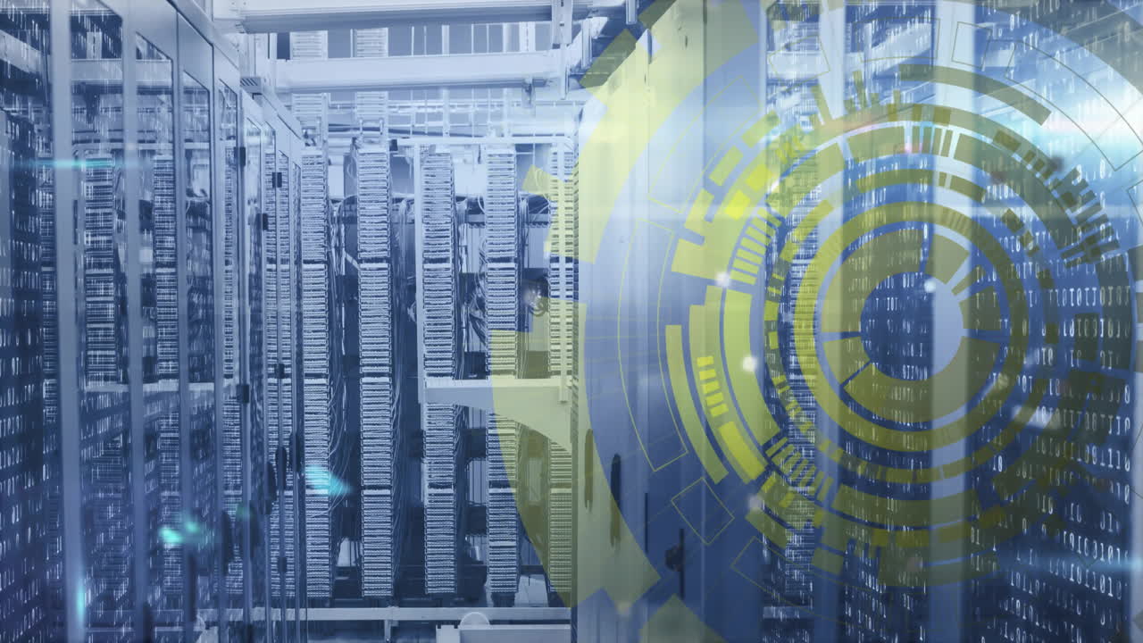 Data center aisle being animated in 3D render, with server racks and network cables, HUD overlays