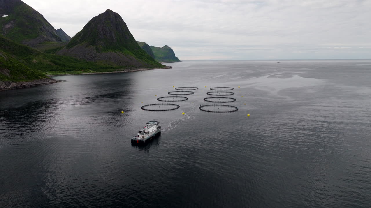 Salmon farm feed barge with connected pipes to marine pens in Oyfjord, aerial