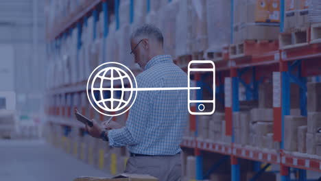 animation of globe, smartphone icon over caucasian male supervisor writing on clipboard at warehouse