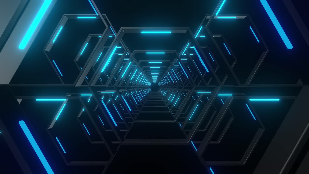 Abstract Futuristic Hexagon Tunnel with Neon Blue Lighting
