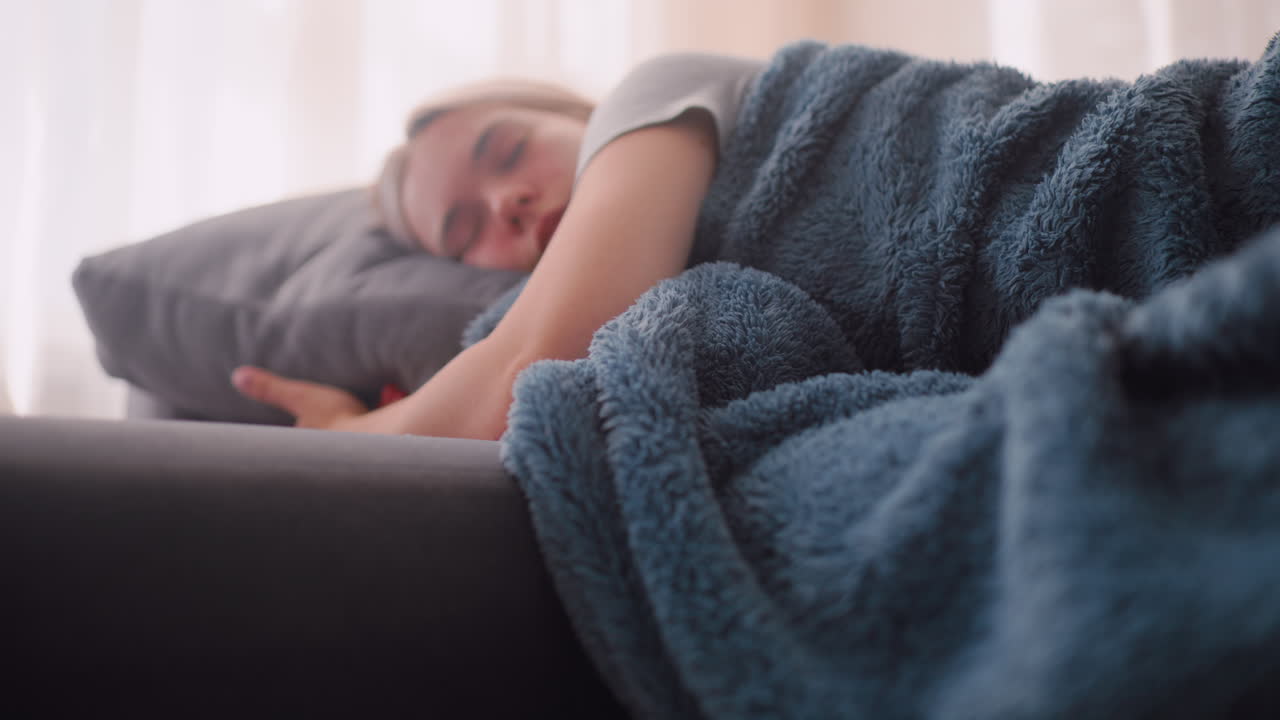 House resident sleeping peacefully on couch holding blanket warmly with eyes closed resting in comfort as soft sunlight passes through curtains creating calm serene indoor environment of stillness