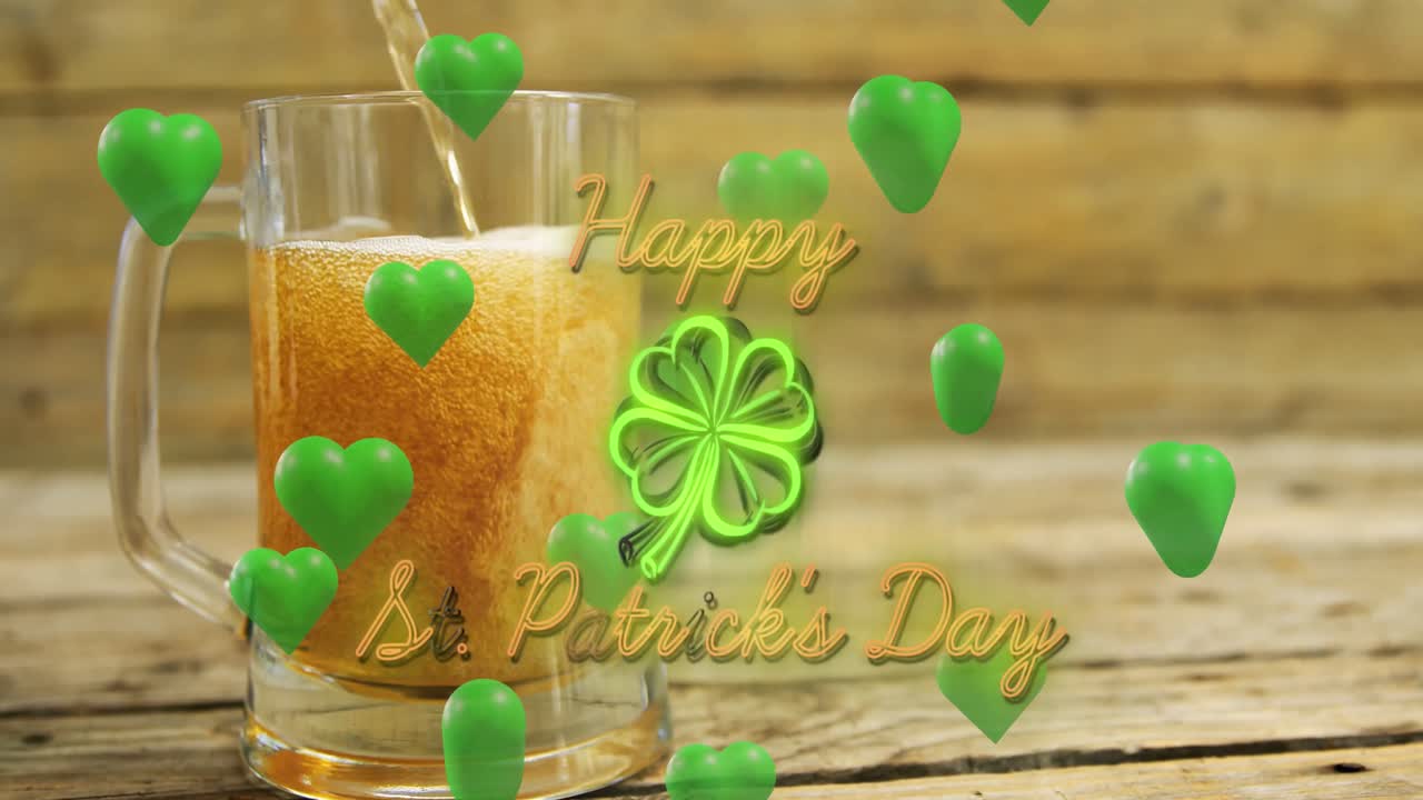 Animation of st patrick's day text, shamrock and green hearts over glass of beer