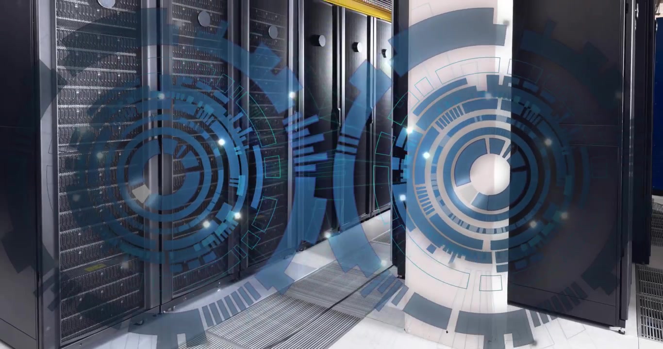 Animation of two blue round scanner spinning against computer server room