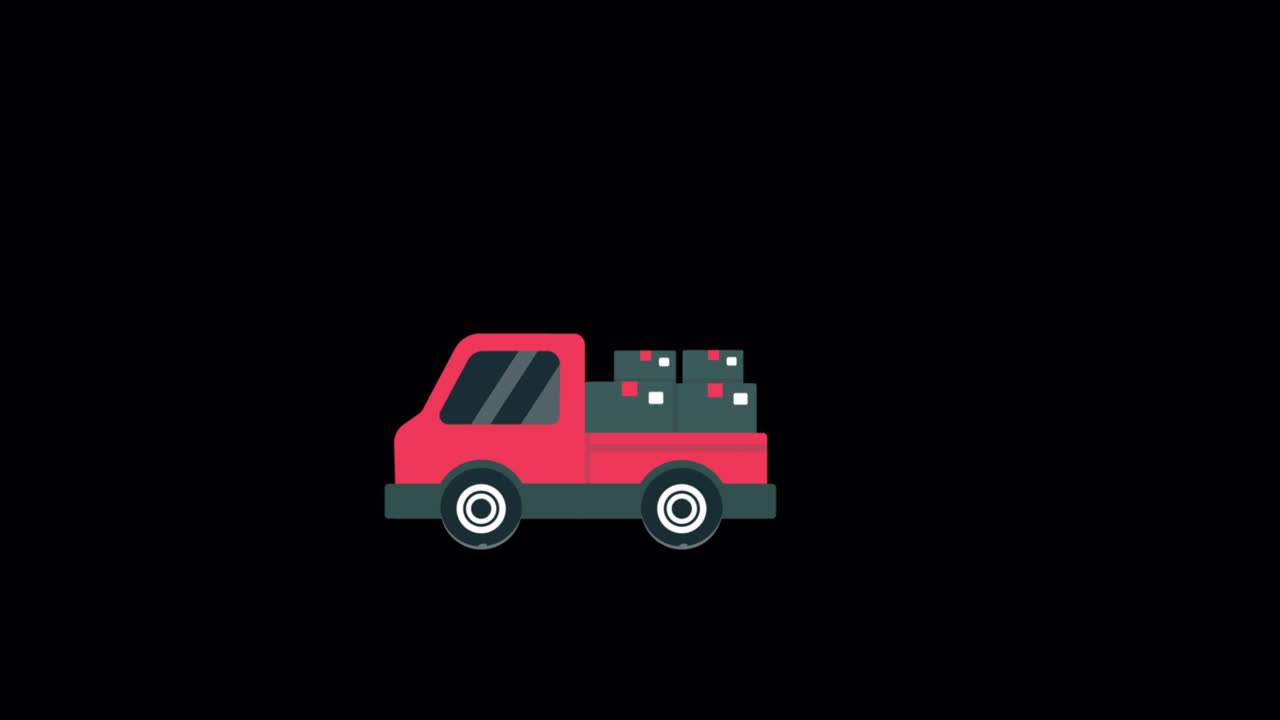 Illustrazione animata: Camioncino pickup rosso che carica scatole e guida.