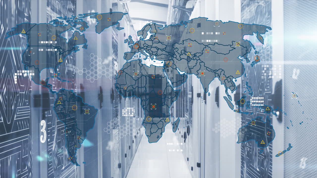 컴퓨터 서버 에 대한 세계 지도 위에 표시된 숫자와 알파의 애니메이션