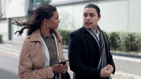 business man, woman and partnership in street