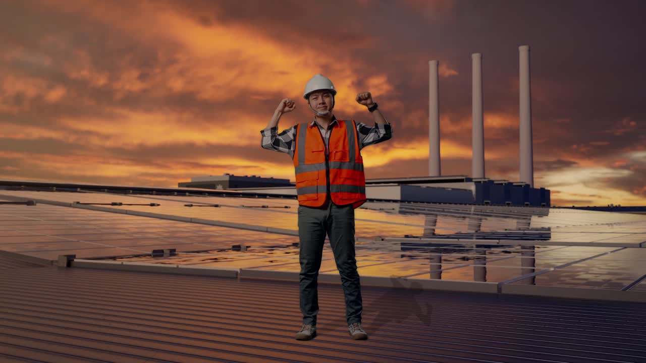 Full Body Of Asian Male Engineer With Safety Helmet Flexing His Bicep And Smiling To Camera While Standing, Inspecting Solar Panels on Rooftop at Sunset