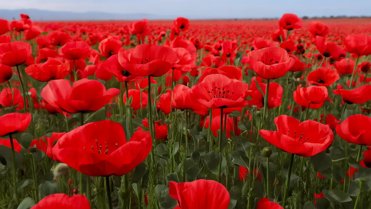 Ripresa panoramica che rivela un denso campo di papaveri rossi su una pianura piatta, mostrando fiori sbocciati, boccioli e una cresta in lontananza