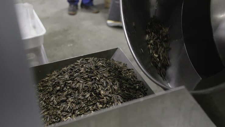 Close up shot of a spinning machine mixing sunflower seed and falling in a container