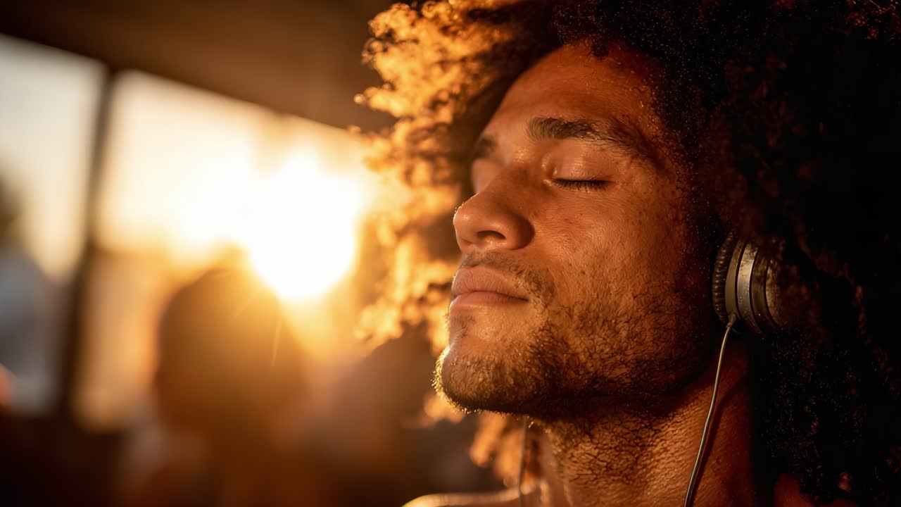 Un giovane con i capelli ricci si gode un momento sereno, immergendosi nel ritmo della musica attraverso le cuffie mentre la calda luce del tramonto lo avvolge in un bagliore.