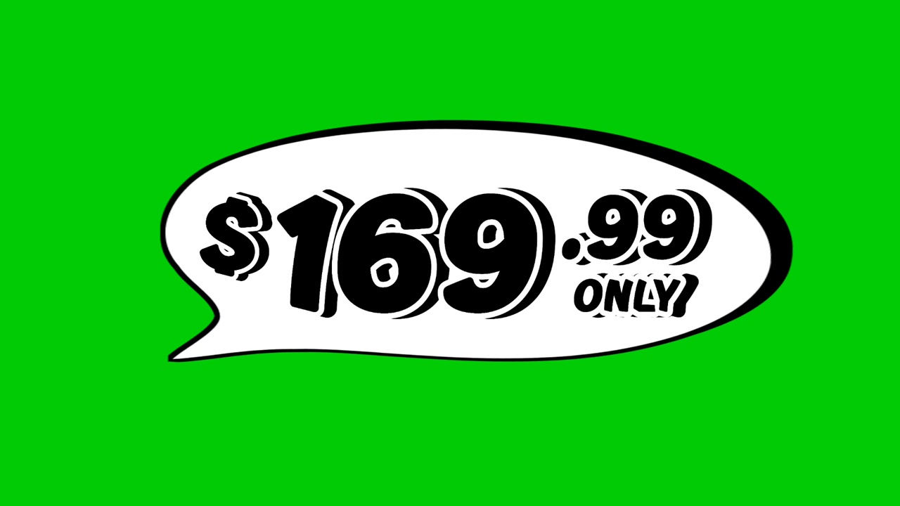 price tag $169.99 Dollars in speech bubble animation motion graphics on green screen background. Perfect for ads, e-commerce, retail, discounts, and promotion business concept video element