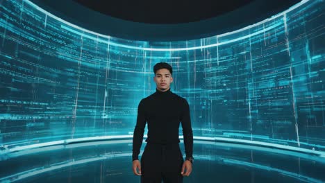 a man standing in a futuristic, holographic environment