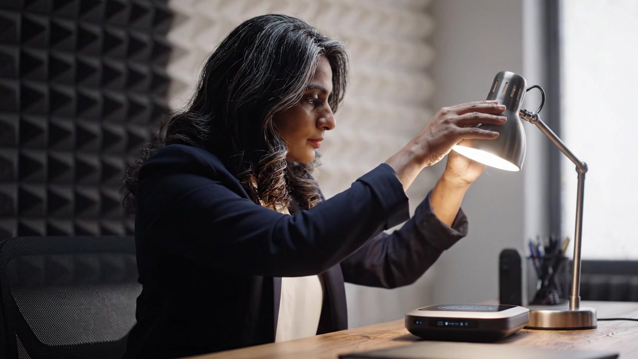 A Professional Woman Deep in Thought at Her Desk, Engaging with Technology Under Warm Desk Lighting in a Modern Workspace Environment