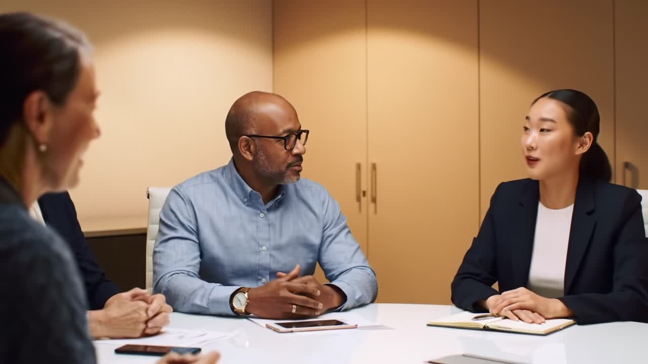 Engaging Conversations in a Modern Office Setting: A Diverse Team Discussing Ideas and Strategies Around a Conference Table