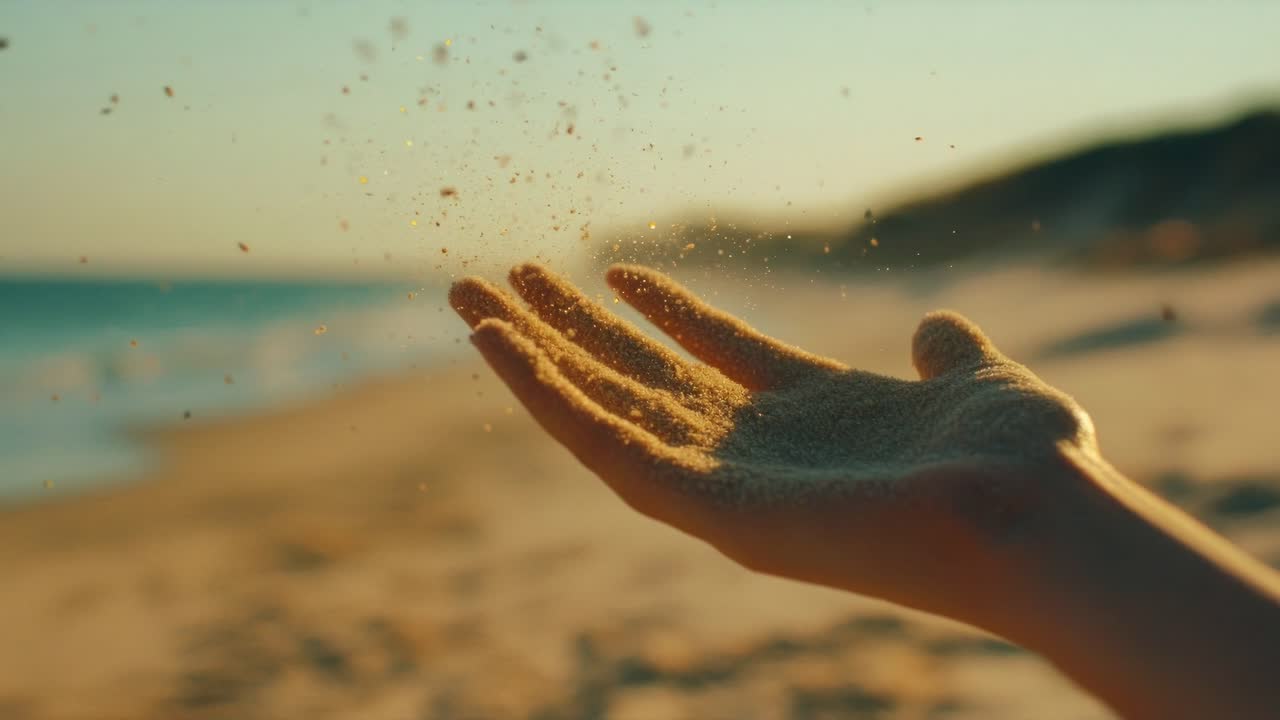 Close-up video of a hand releasing sand on a beach at sunset, captured from a low angle