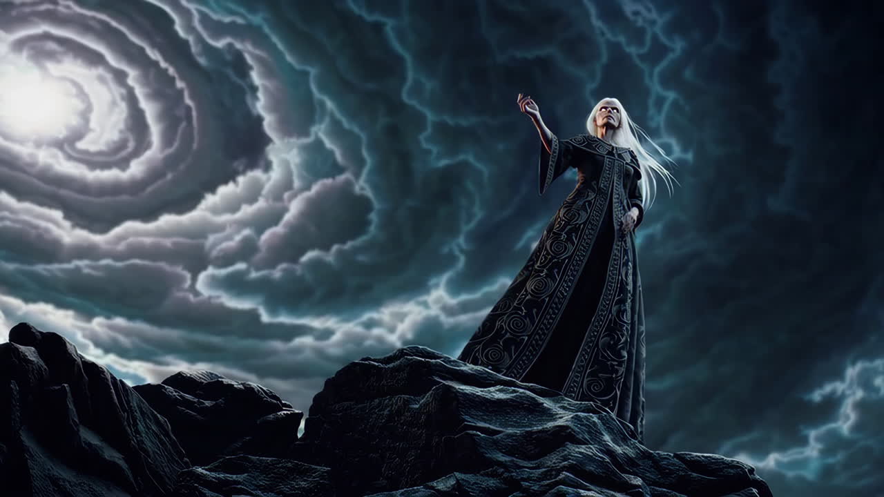 Powerful sorceress amidst a stormy sky