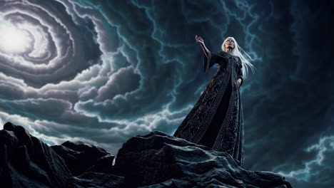 powerful sorceress amidst a stormy sky