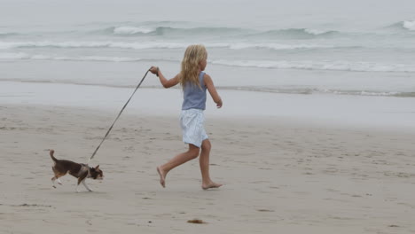 girl running with dog on the beach