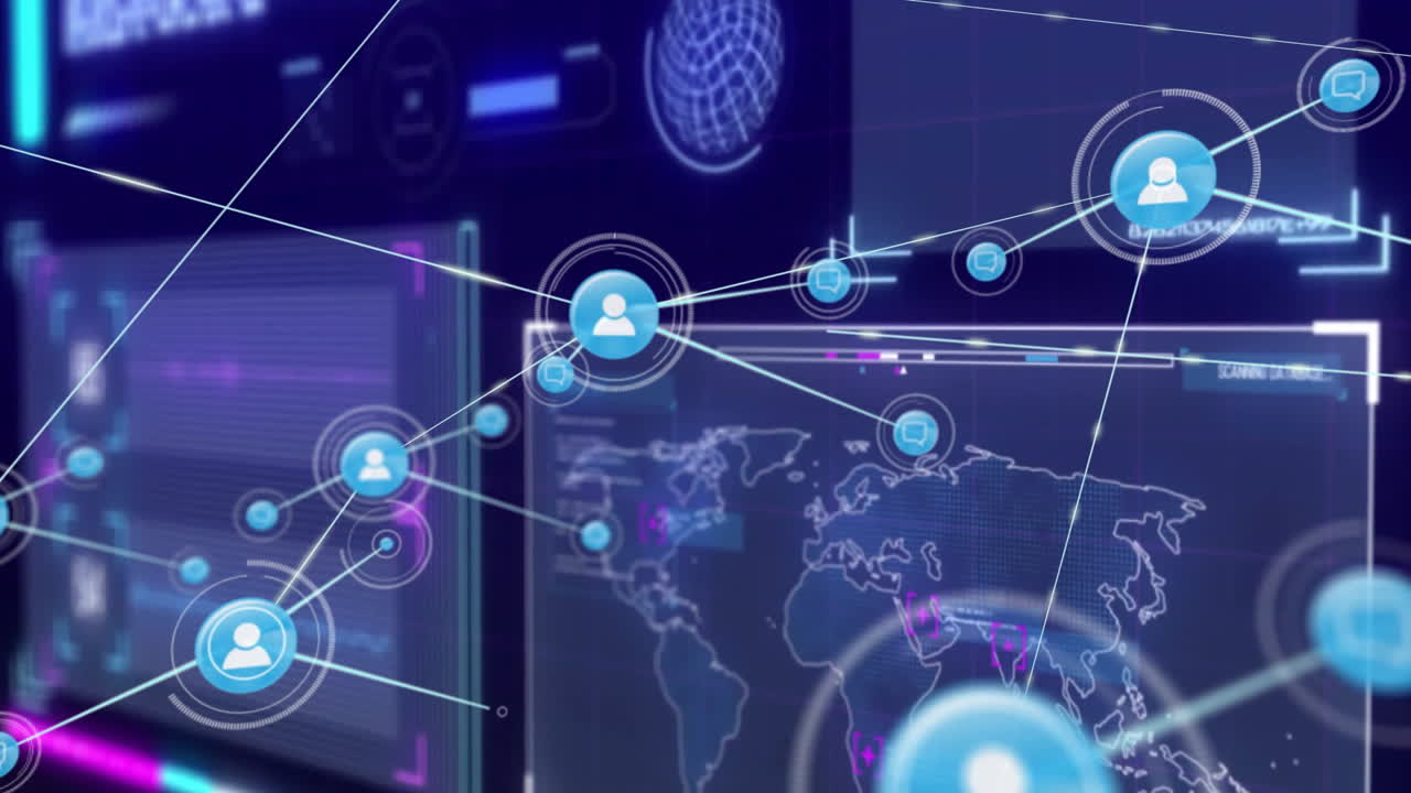 animación de las conexiones de red y el procesamiento de datos a través del mapa del mundo y la interfaz digital
