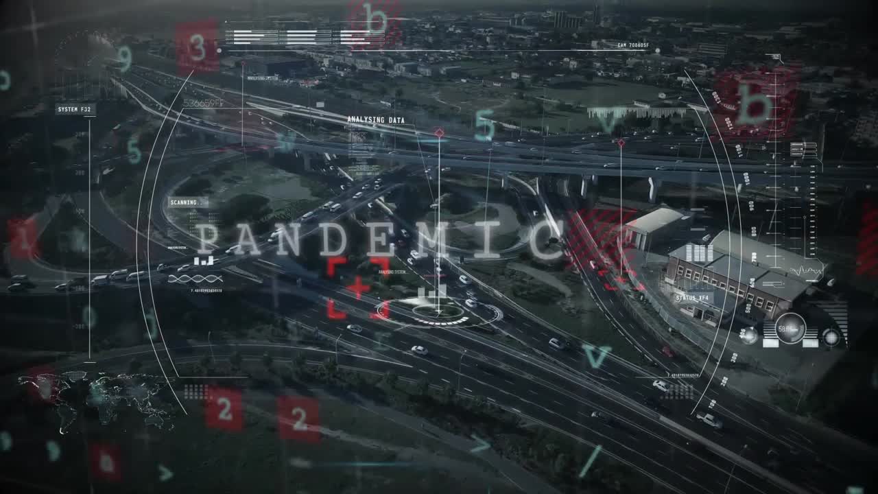 escáner redondo y procesamiento de datos contra el paisaje urbano