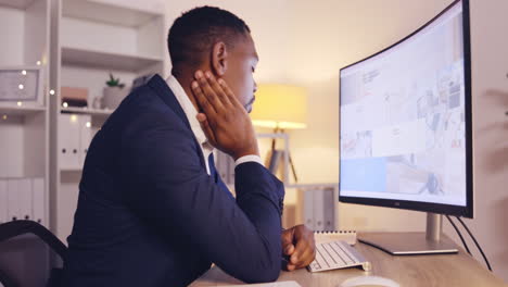 office problem, neck pain or business black man