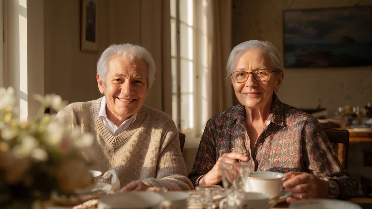 Pareja sonriente reaccionando al ángulo de cámara en una mesa de comedor, vistiendo un jersey y una blusa, sosteniendo una taza de té
