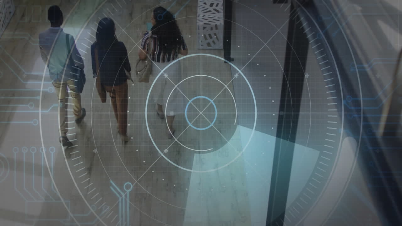 Three colleagues using smartphone walking down corporate hallway, displaying HUD gridlines