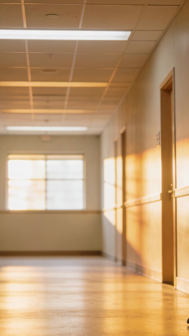 Vertical video: Sunlight entering window casting warm glow down hall at school, doors visible