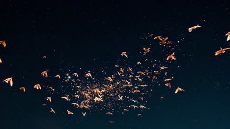 A Stunning Display of Light and Movement: A Flock of Birds in Flight Against a Starry Night Sky, Creating a Mesmerizing Pattern of Sparkling Trails