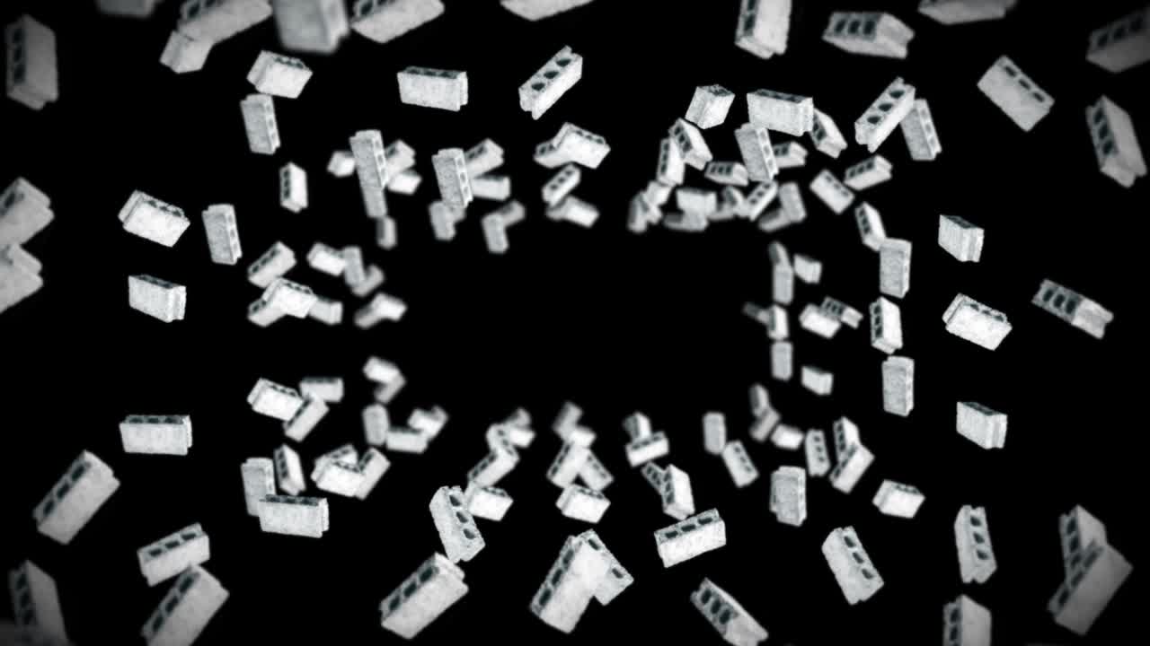 검은 바탕에 많은 콘크리트 벽돌을 날아. 소형 모델, 시멘트, 건설, 회색 블록의 3d 애니메이션 회전, 루프 애니메이션.