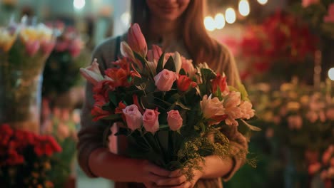 professional florist standing near floral display, holding colorful arrangement of roses, lilies, tulips, smiling softly with blurred background