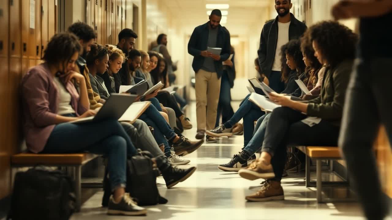 Students studying and walking in a bustling school hallway