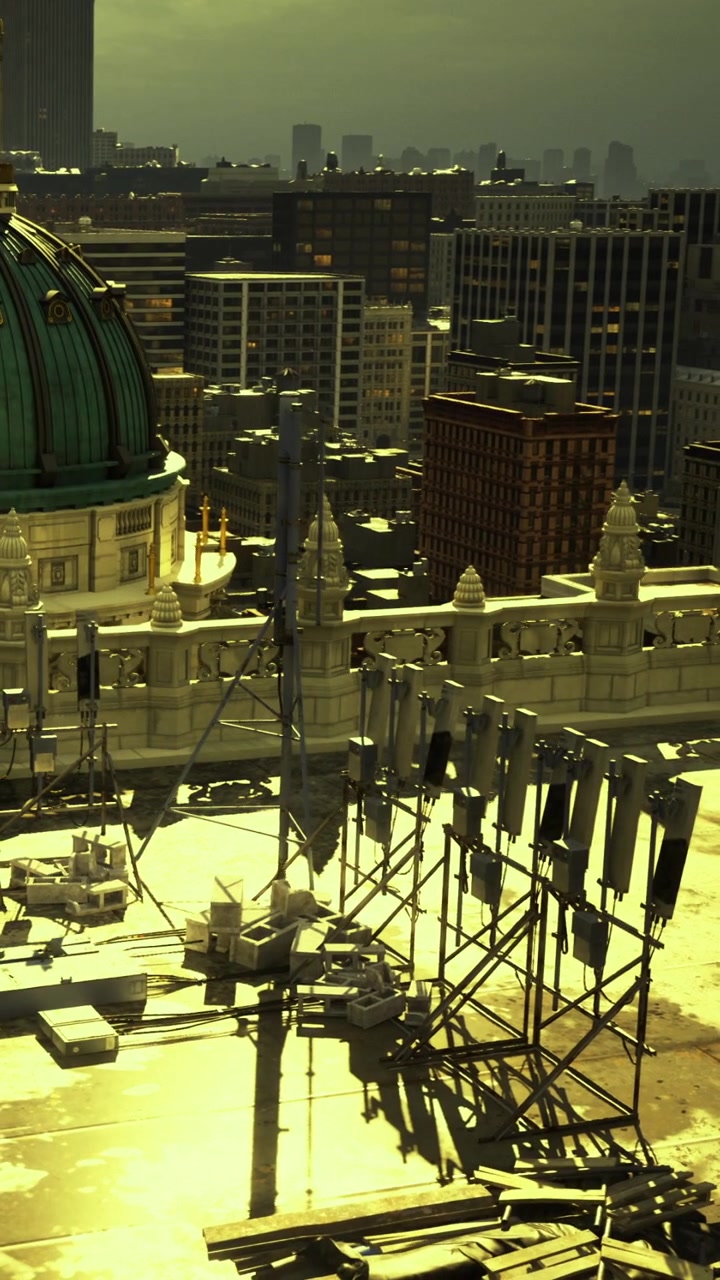 Golden city skyline shines under dramatic skies and architectural marvels