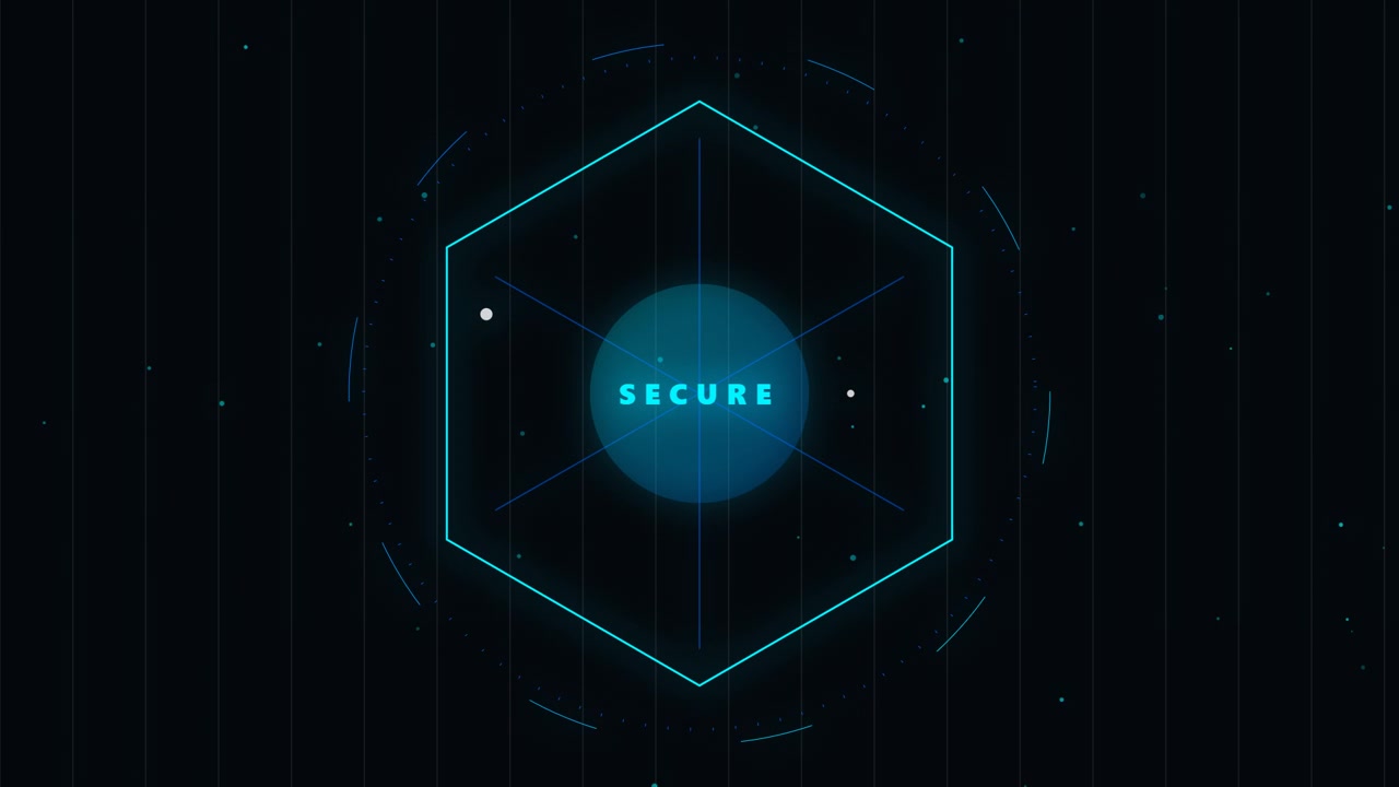 Digital Security Interface with Rotating Hexagon and Glowing Particles