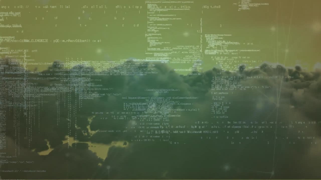 Animation of network of connections and data processing against dark clouds in the sky