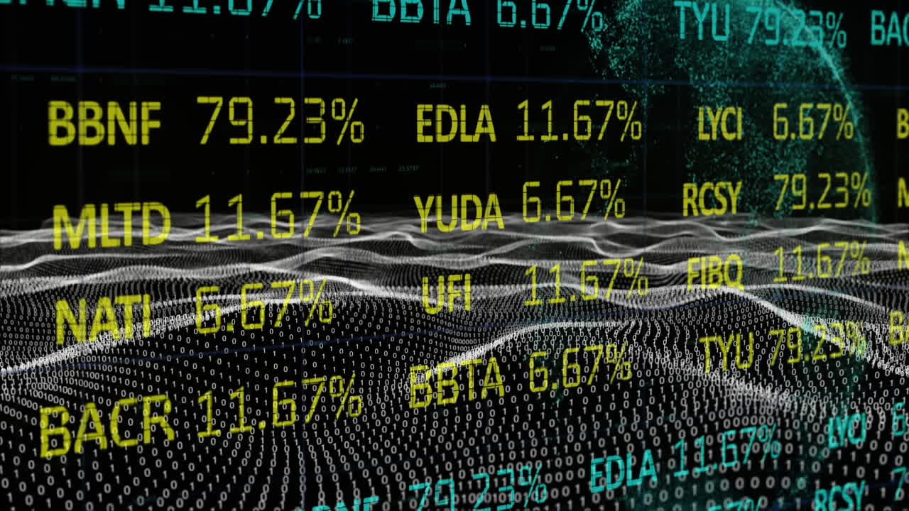 Animation of trading board over sea waves and globe against black background