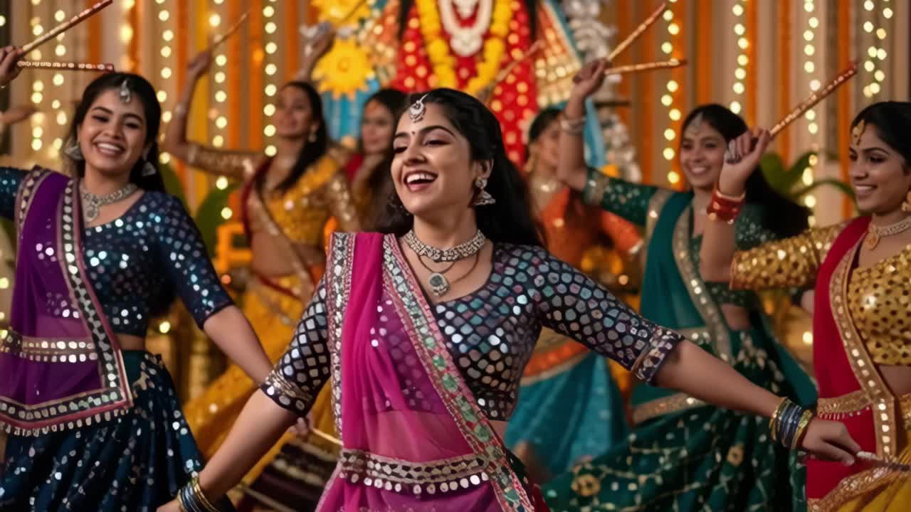 Group of women in vibrant traditional outfits are dancing joyfully, displaying synchronized movements and cultural expressions in a lively festive setting filled with lights and decorations
