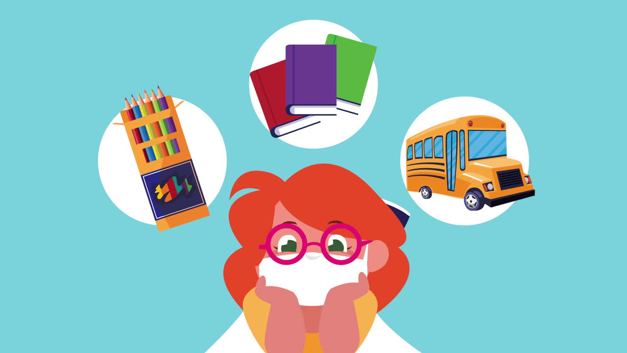 의료 마스크와 학교 버스와 물품을 착용한 어린 학생 소녀